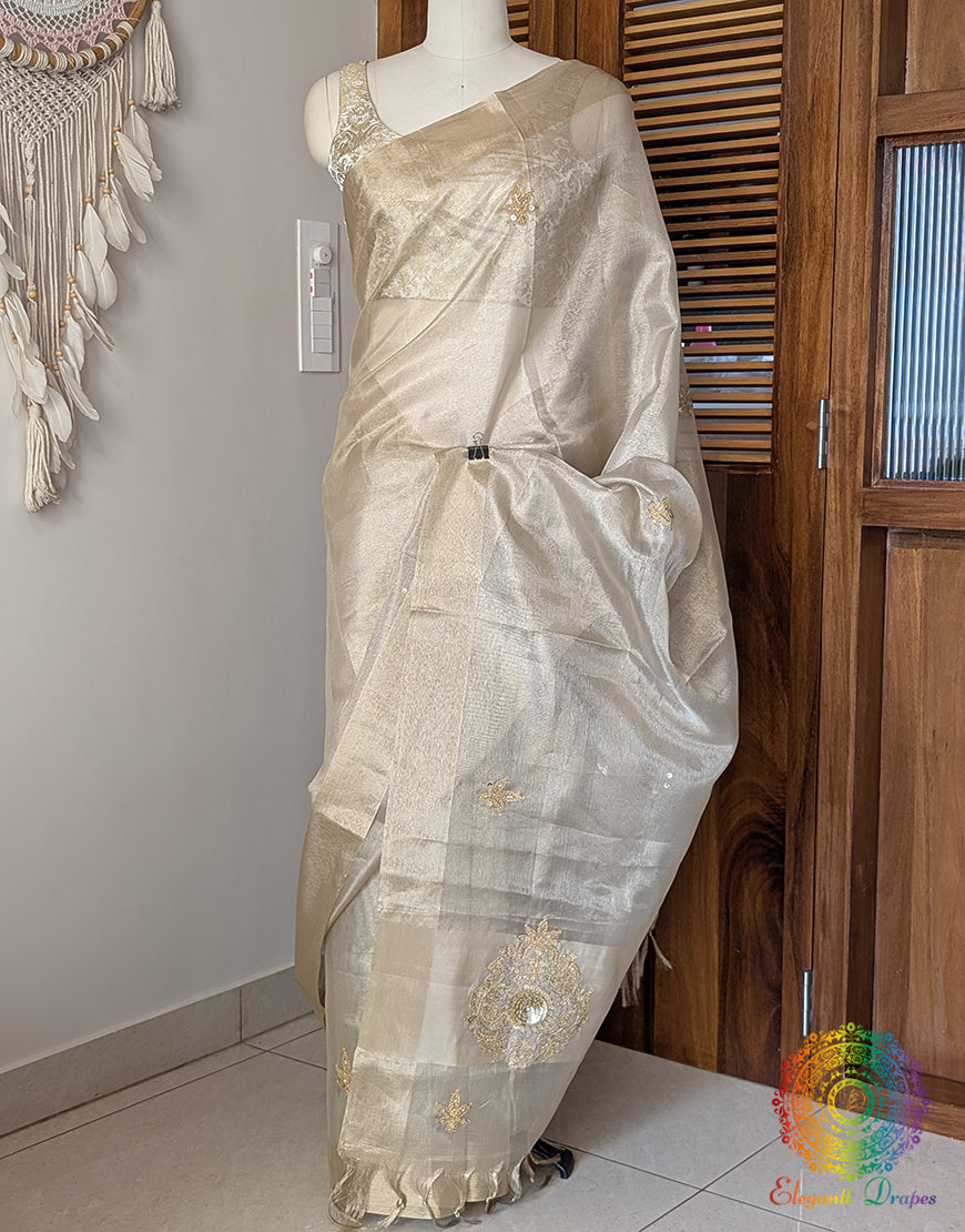 Beige Tissue Silk Handwork Saree – Handloom Saree Online India | Elegantt Drapes