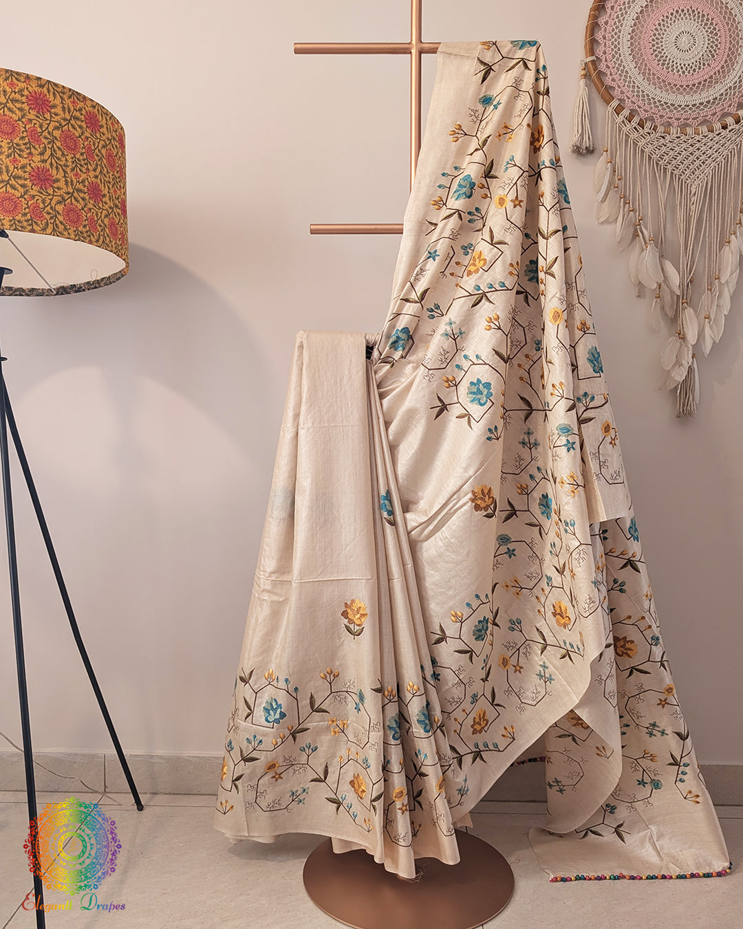 Beige Pure Tussar Silk Embroidered Saree – Handloom Saree Online India | Elegantt Drapes