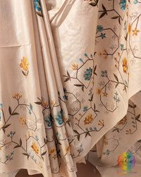 Beige Pure Tussar Silk Embroidered Saree – Handloom Saree Online India | Elegantt Drapes
