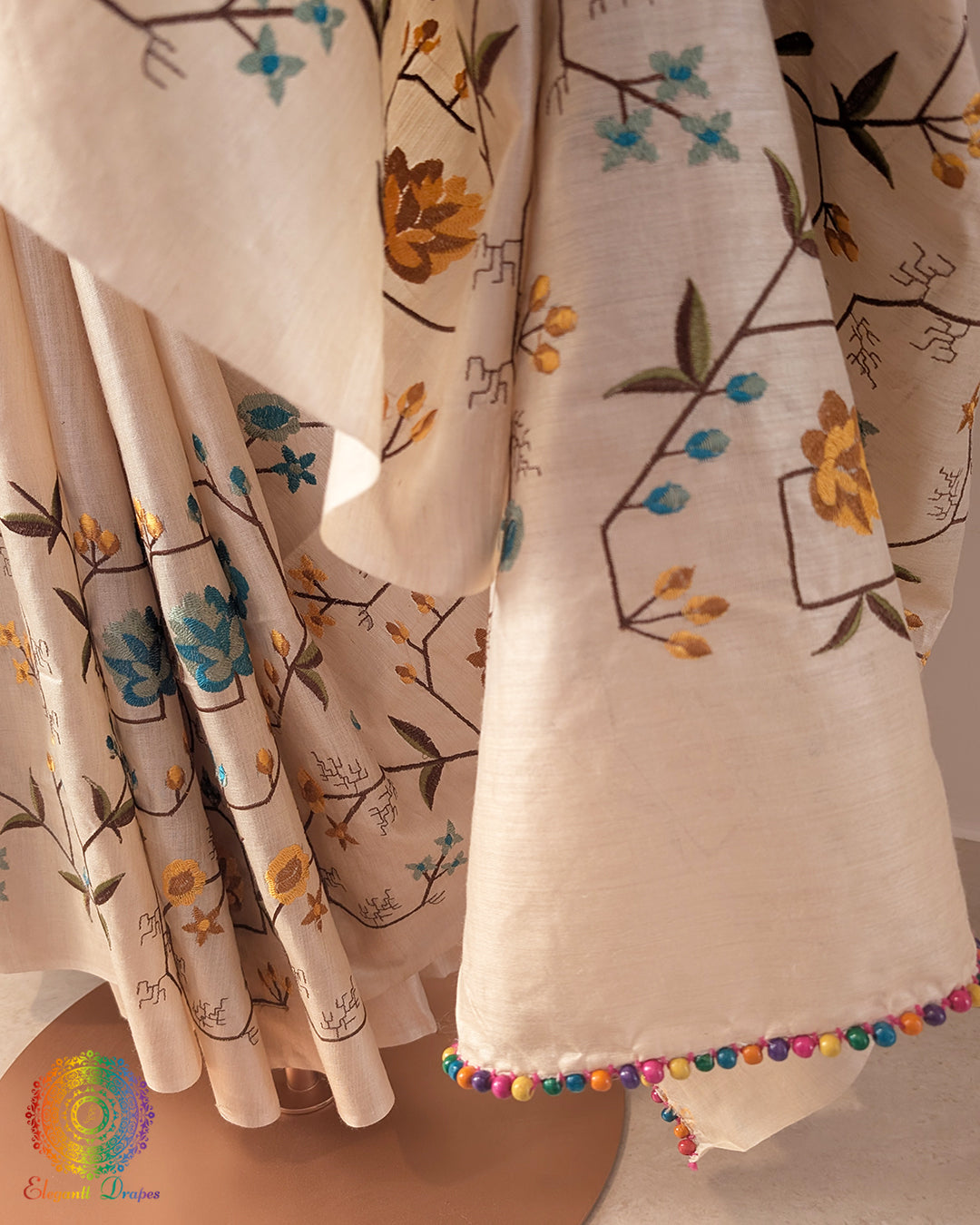 Beige Pure Tussar Silk Embroidered Saree – Handloom Saree Online India | Elegantt Drapes