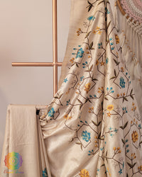 Beige Pure Tussar Silk Embroidered Saree – Handloom Saree Online India | Elegantt Drapes