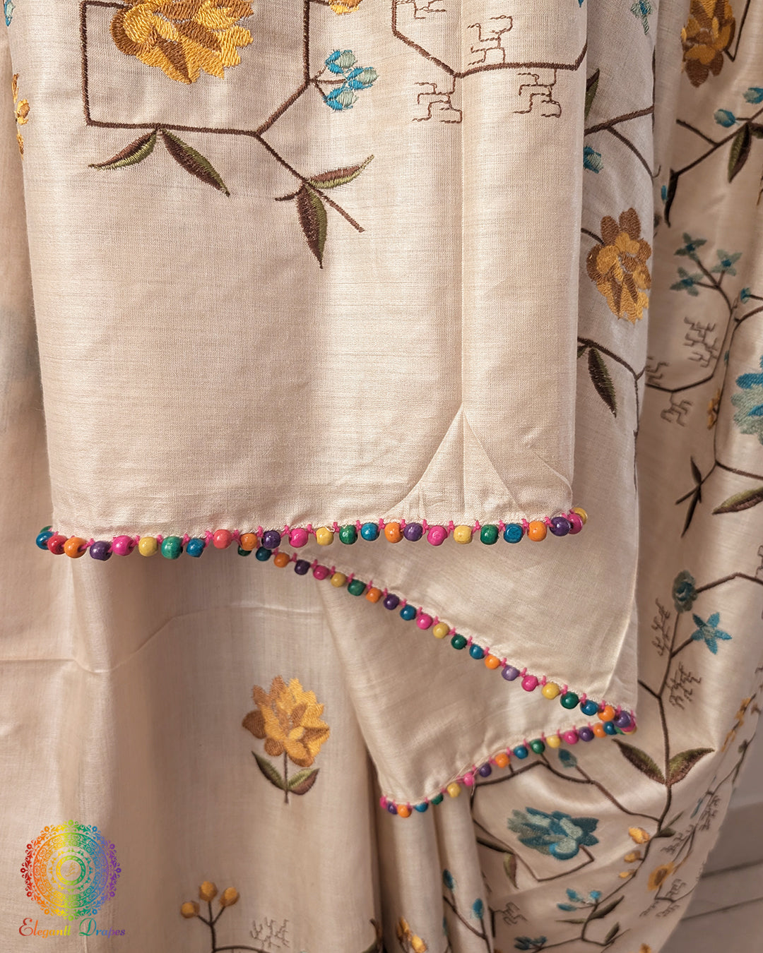 Beige Pure Tussar Silk Embroidered Saree – Handloom Saree Online India | Elegantt Drapes