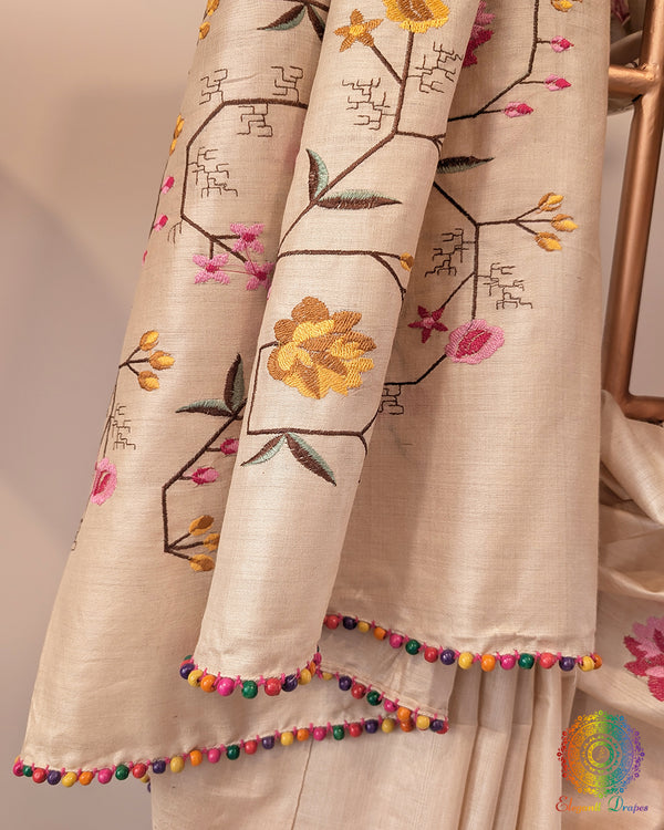 Pure Tussar Silk Embroidered Saree – Handloom Saree Online India | Elegantt Drapes