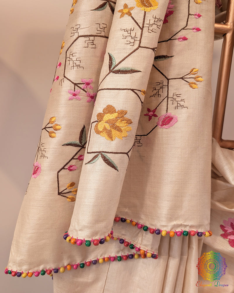 Pure Tussar Silk Embroidered Saree – Handloom Saree Online India | Elegantt Drapes