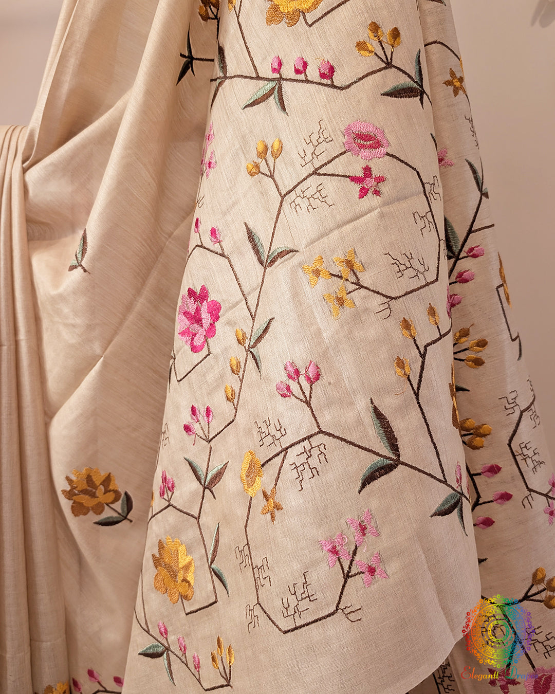 Pure Tussar Silk Embroidered Saree – Handloom Saree Online India | Elegantt Drapes