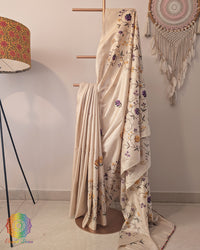 Off White Pure Tussar Silk Embroidered Saree – Handloom Saree Online India | Elegantt Drapes