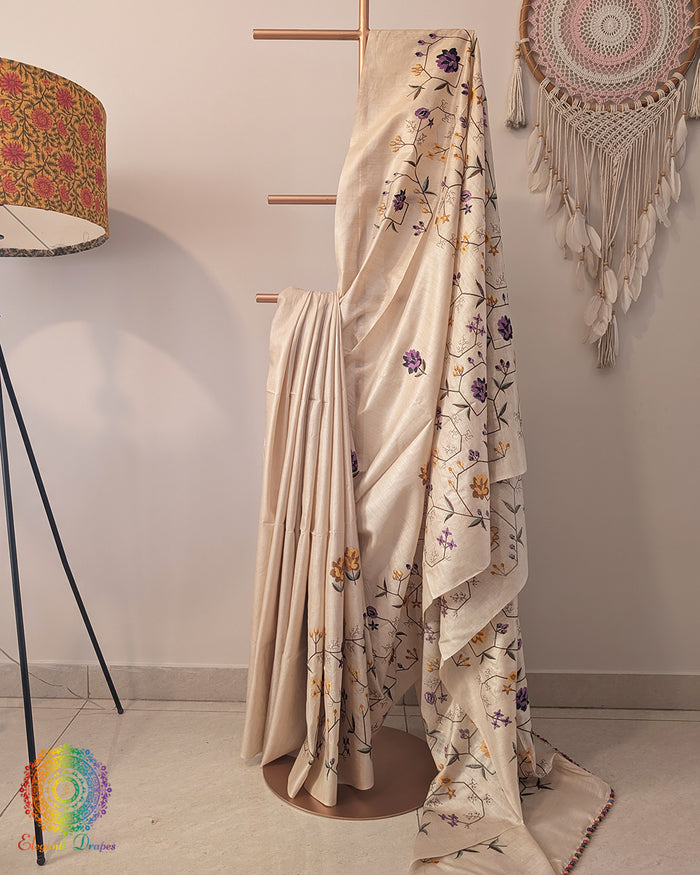Off White Pure Tussar Silk Embroidered Saree – Handloom Saree Online India | Elegantt Drapes