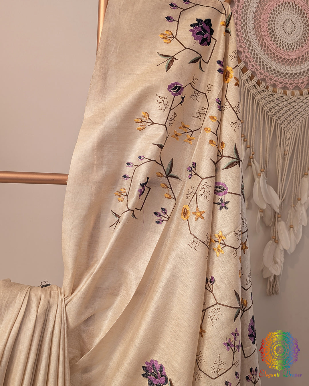 Off White Pure Tussar Silk Embroidered Saree – Handloom Saree Online India | Elegantt Drapes