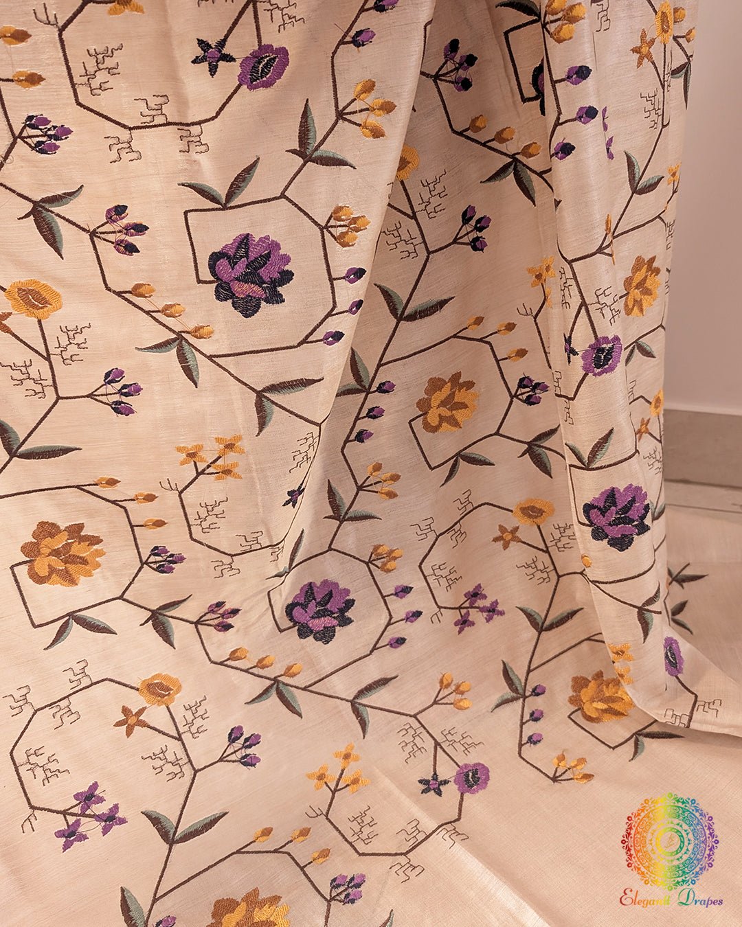 Off White Pure Tussar Silk Embroidered Saree – Handloom Saree Online India | Elegantt Drapes