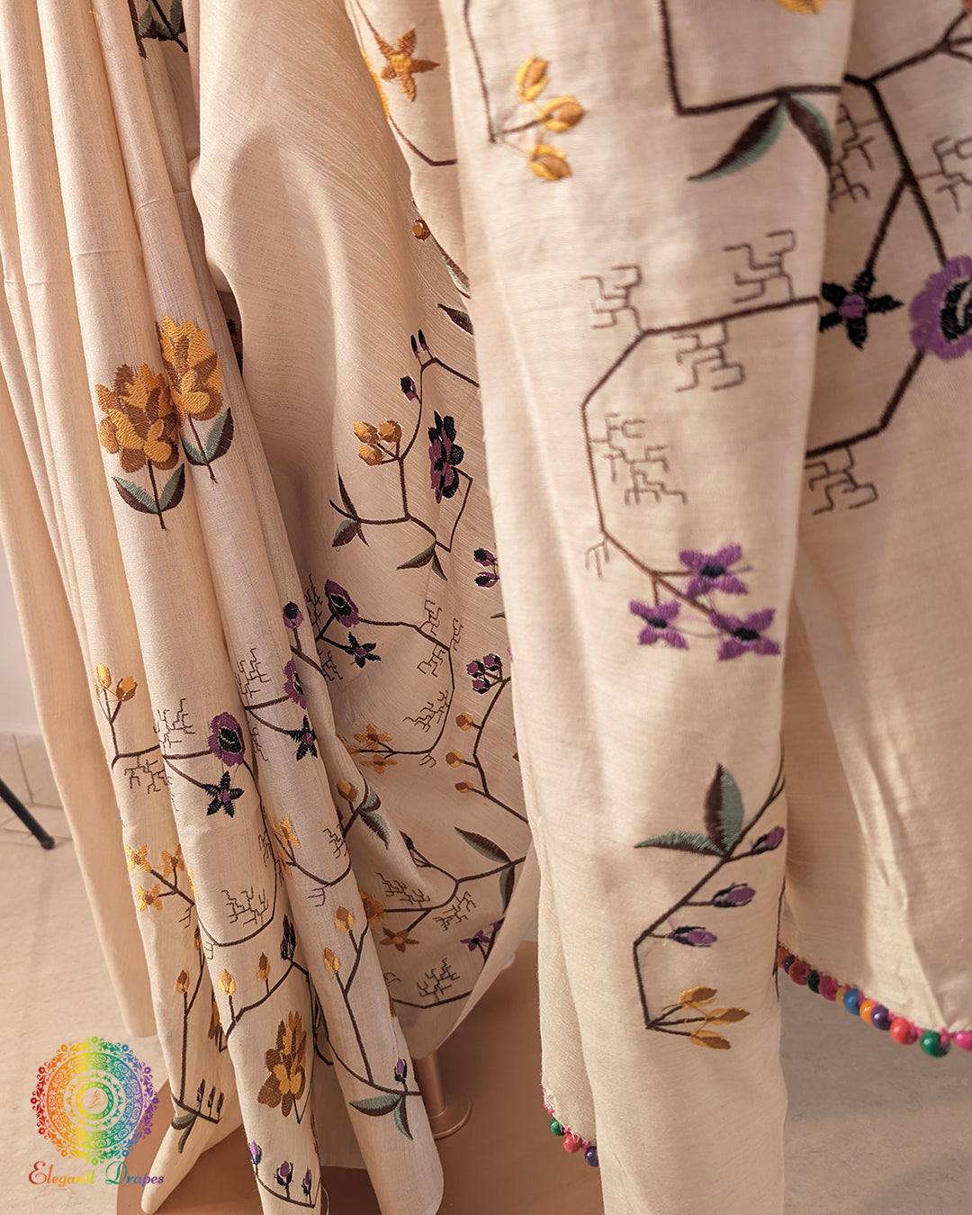 Off White Pure Tussar Silk Embroidered Saree – Handloom Saree Online India | Elegantt Drapes