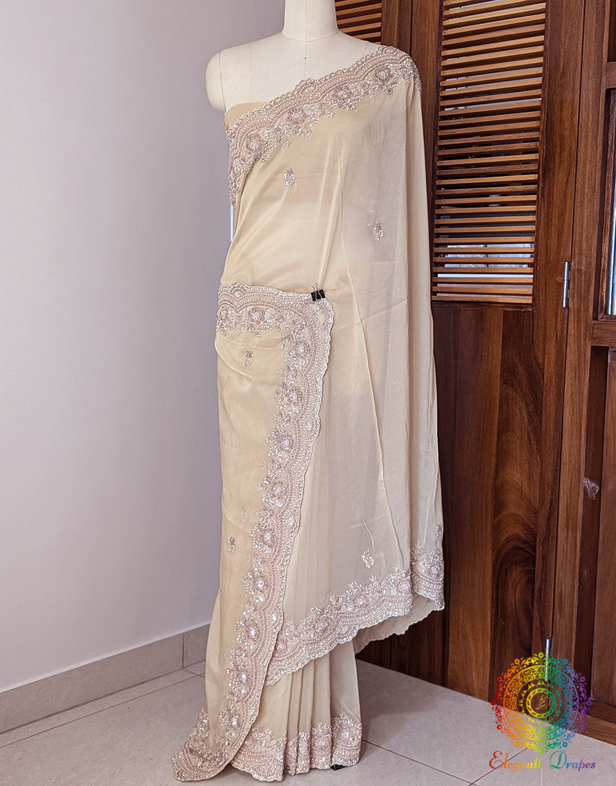 Beige Tissue Organza Zardozi Handwork Saree – Handloom Saree Online India | Elegantt Drapes