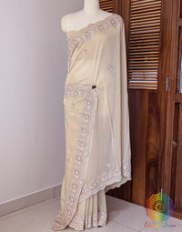 Beige Tissue Organza Zardozi Handwork Saree – Handloom Saree Online India | Elegantt Drapes