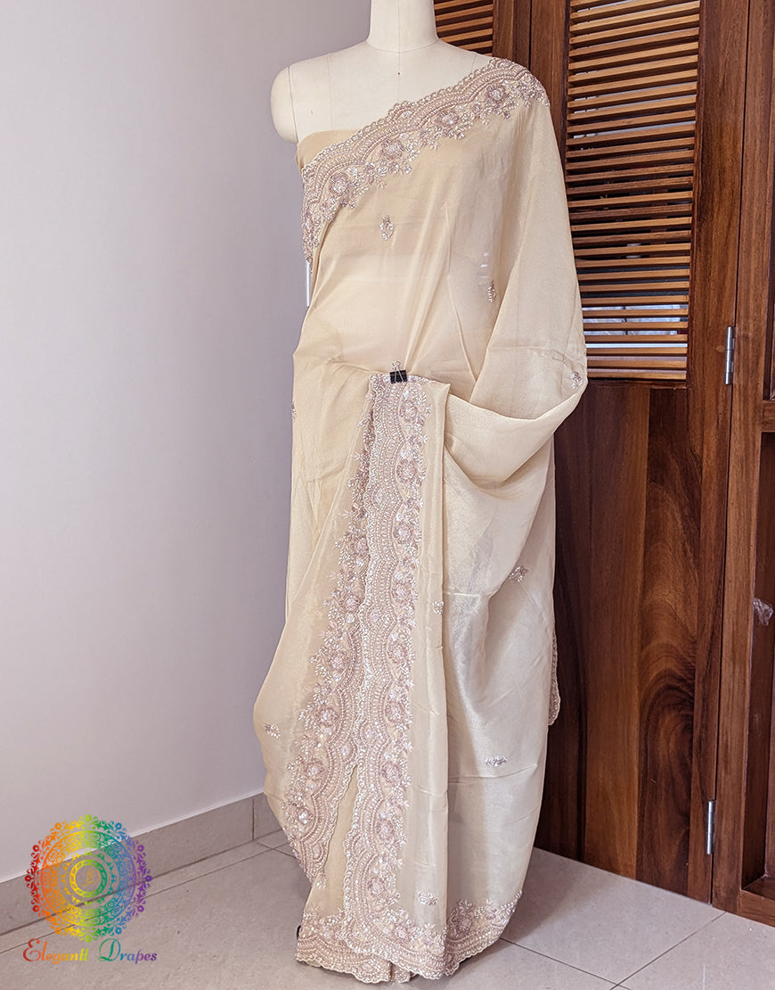 Beige Tissue Organza Zardozi Handwork Saree – Handloom Saree Online India | Elegantt Drapes