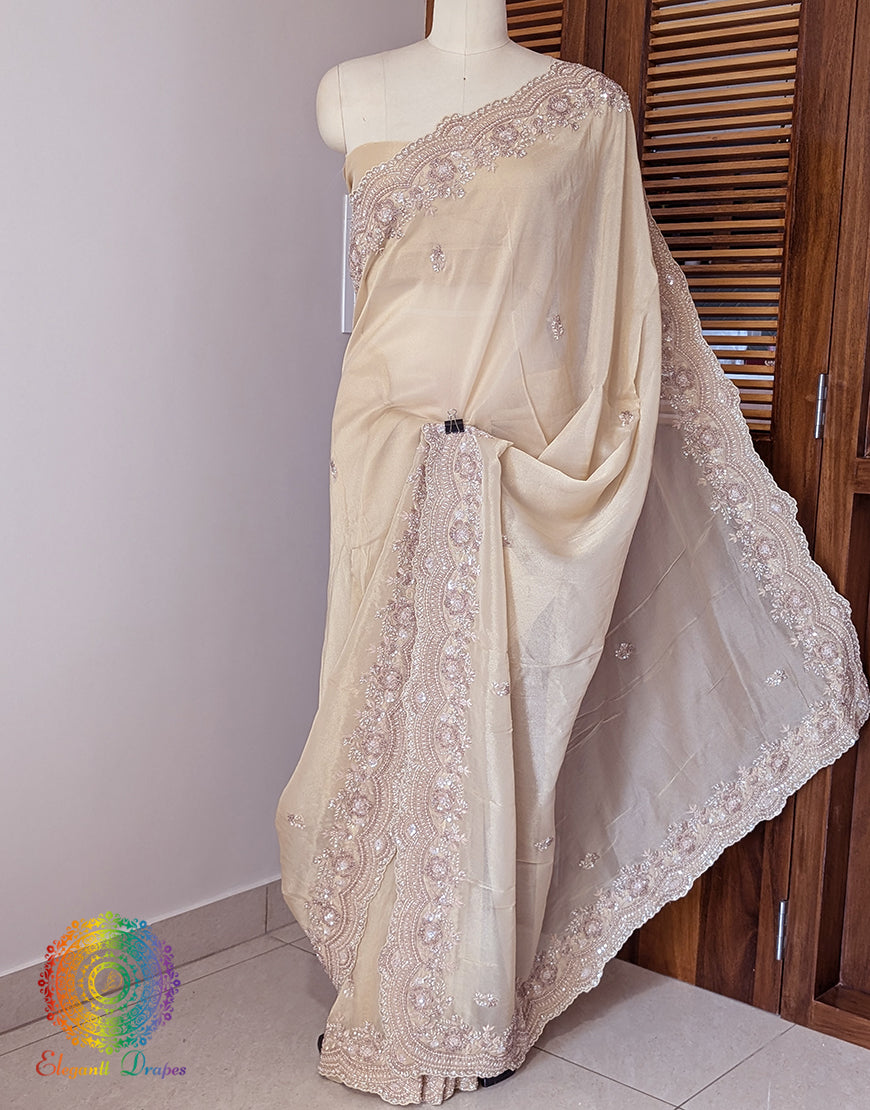 Beige Tissue Organza Zardozi Handwork Saree – Handloom Saree Online India | Elegantt Drapes