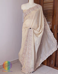Beige Tissue Organza Zardozi Handwork Saree – Handloom Saree Online India | Elegantt Drapes