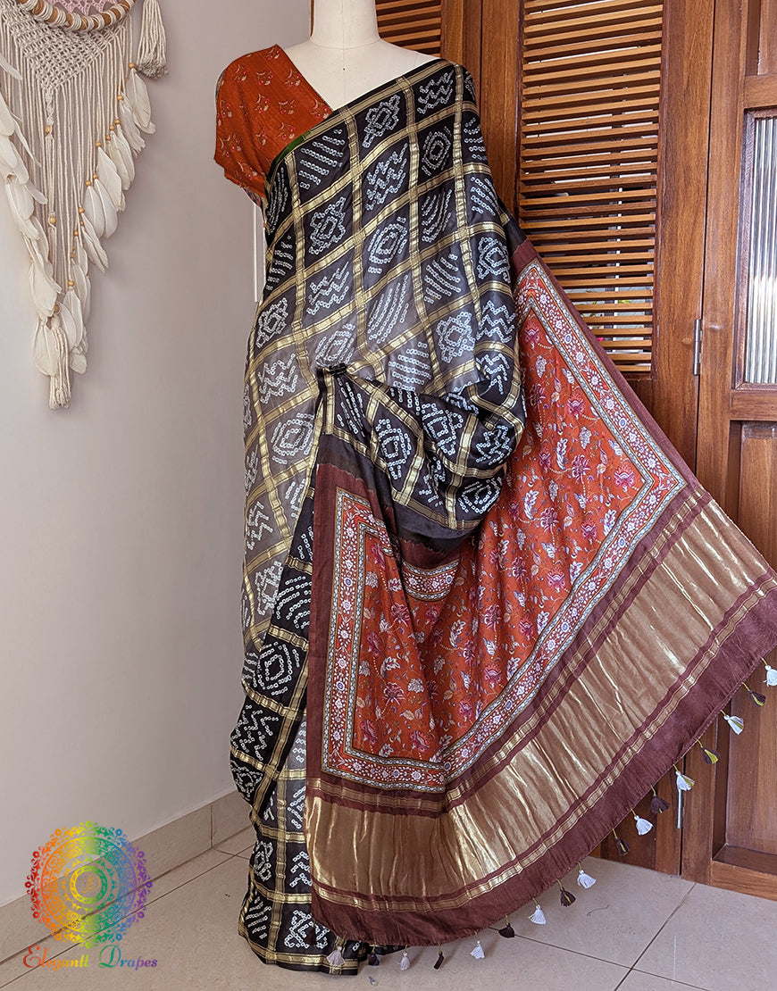 Black Grey Gharchola Pure Gaji Silk Bandhani Saree – Bandhani Saree Online India | Elegantt Drapes