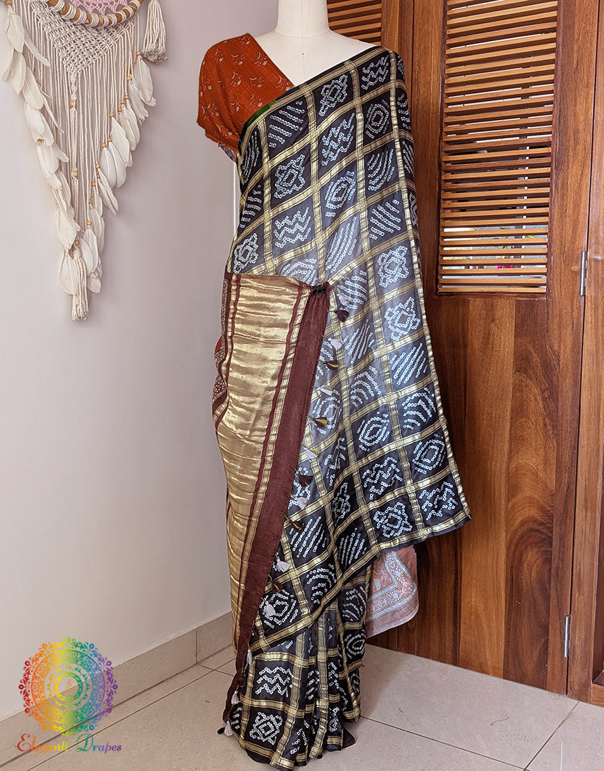 Black Grey Gharchola Pure Gaji Silk Bandhani Saree – Bandhani Saree Online India | Elegantt Drapes