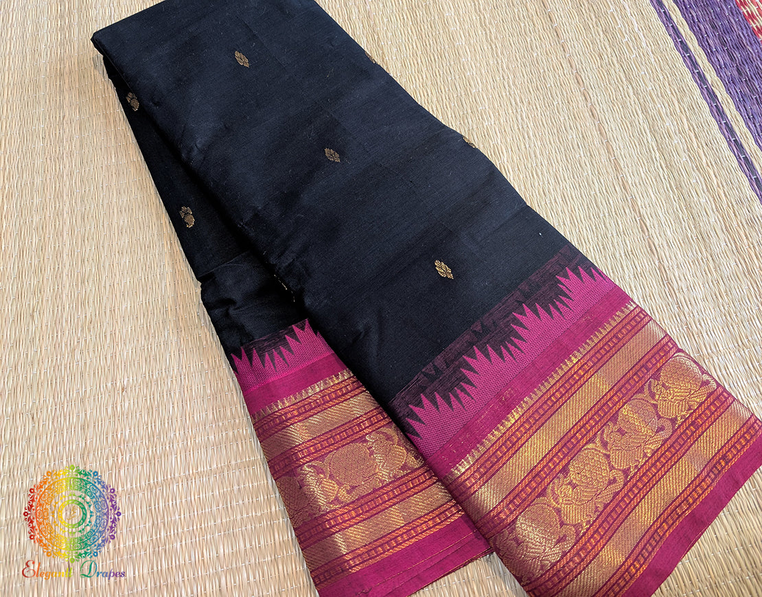 Black Pure Kanchi Cotton Saree – Handloom Saree Online India | Elegantt Drapes