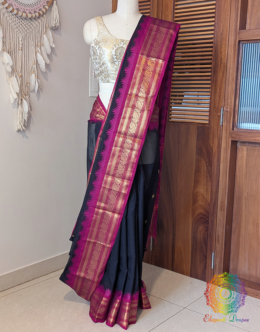 Black Pure Kanchi Cotton Saree – Handloom Saree Online India | Elegantt Drapes