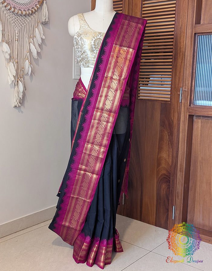 Black Pure Kanchi Cotton Saree – Handloom Saree Online India | Elegantt Drapes