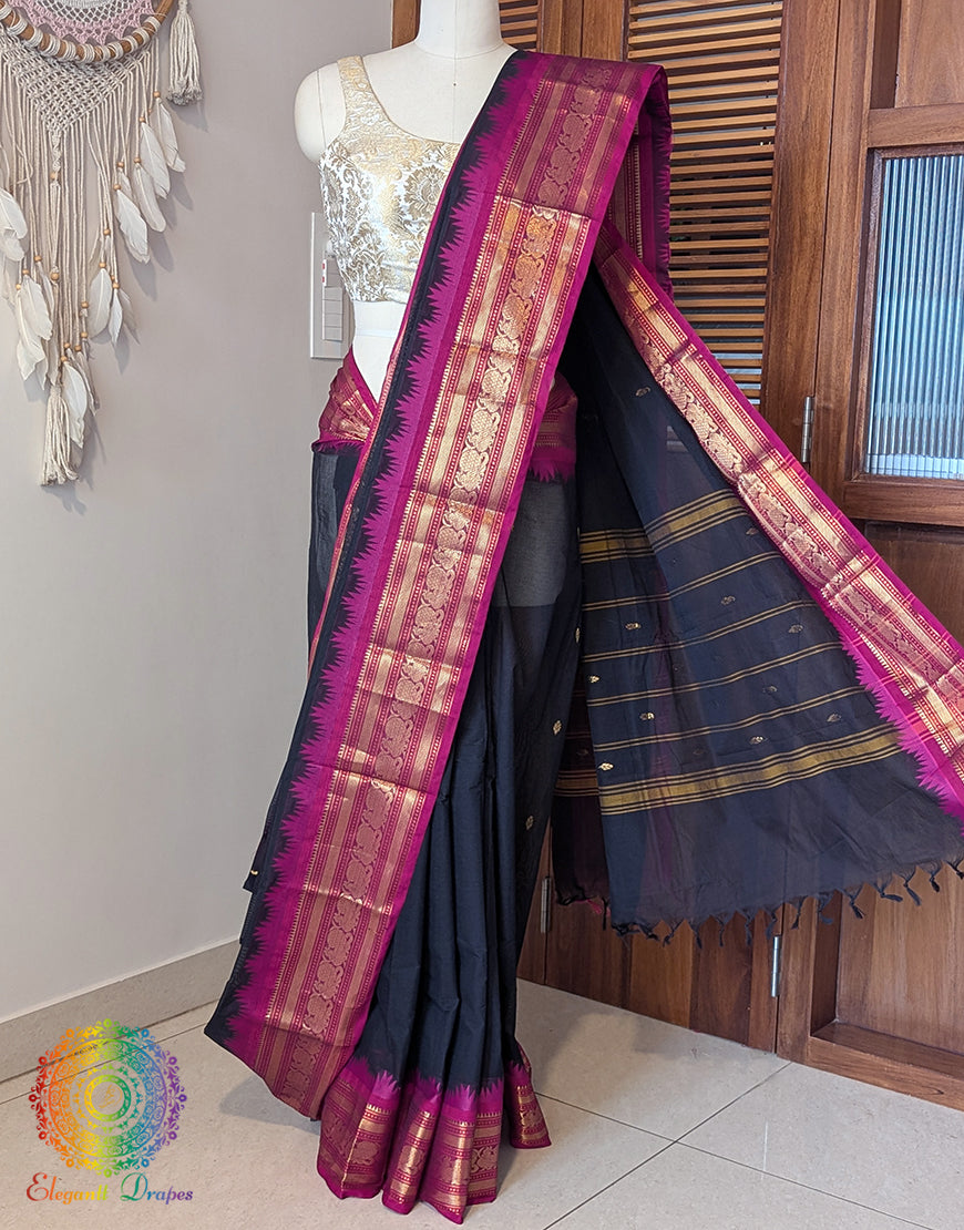 Black Pure Kanchi Cotton Saree – Handloom Saree Online India | Elegantt Drapes