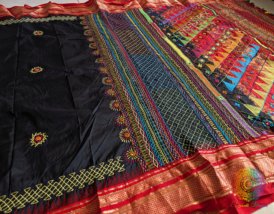 Black Lambani Handwork Pure Ilkal Silk Saree – Ilkal Handloom Saree Online India | Elegantt Drapes