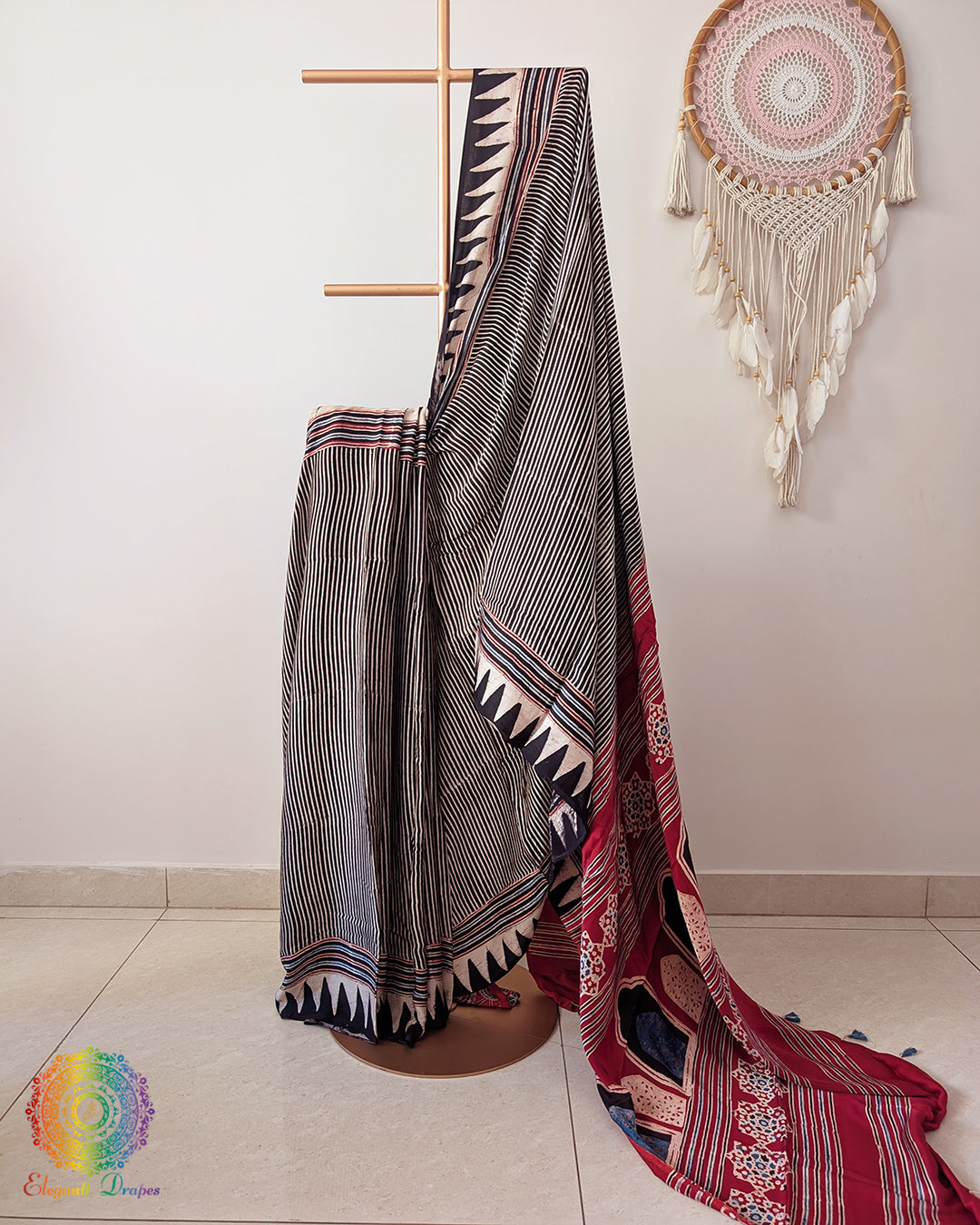 Black Red Modal Silk Ajrakh Saree – Ajrakh Saree Online India | Elegantt Drapes