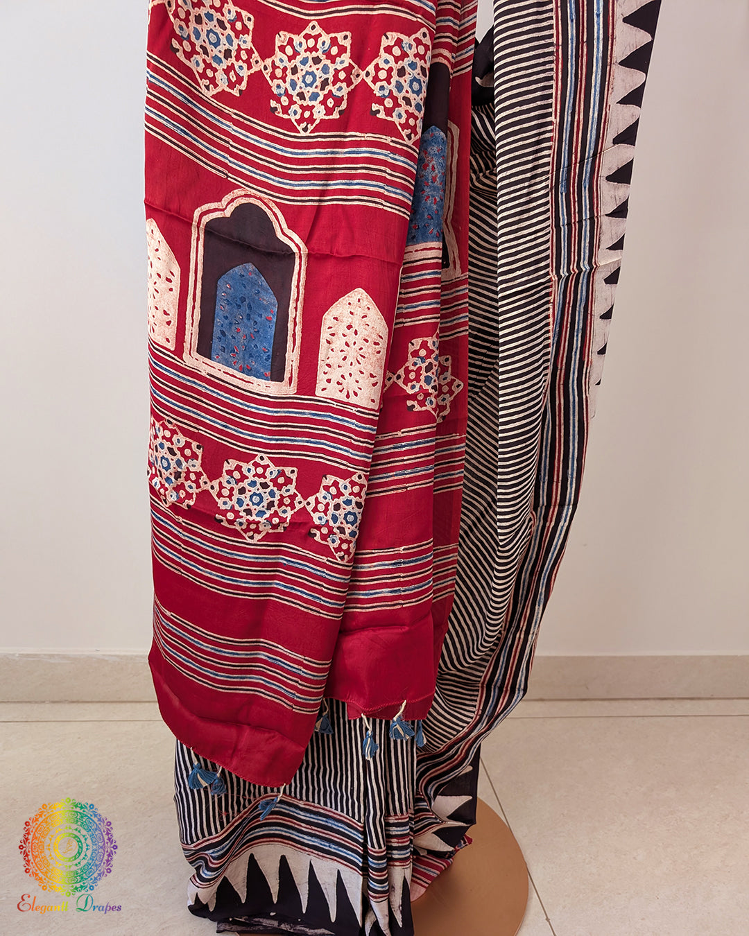 Black Red Modal Silk Ajrakh Saree – Ajrakh Saree Online India | Elegantt Drapes