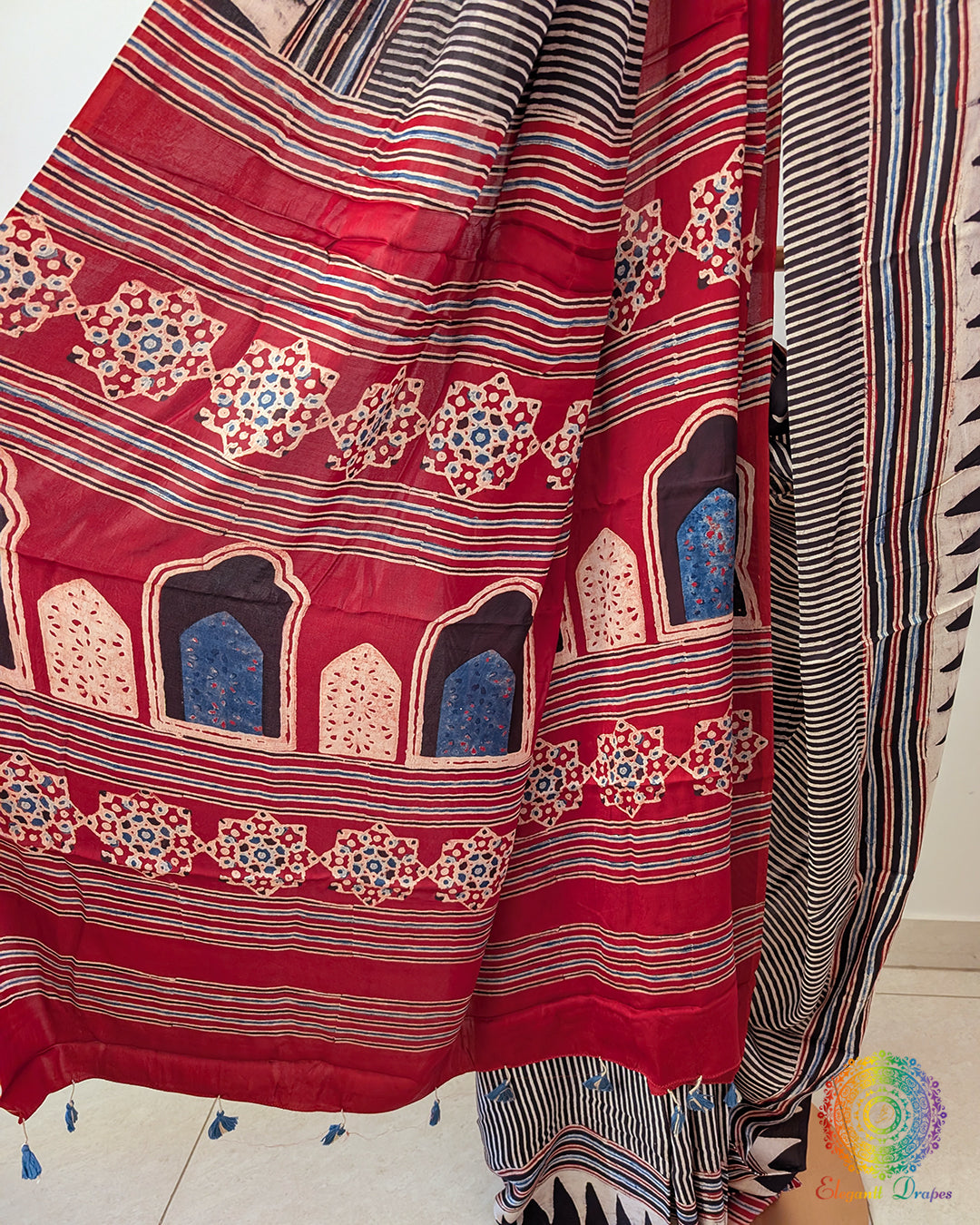 Black Red Modal Silk Ajrakh Saree – Ajrakh Saree Online India | Elegantt Drapes