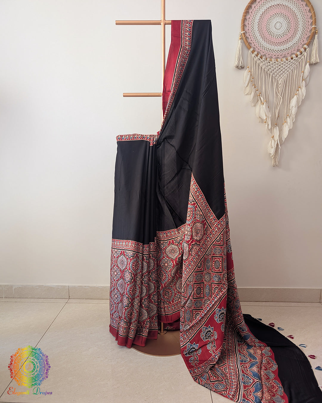 Black Red Modal Silk Ajrakh Saree 2 – Ajrakh Saree Online India | Elegantt Drapes