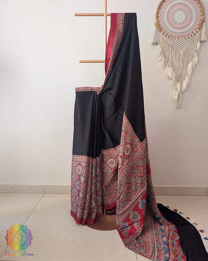 Black Red Modal Silk Ajrakh Saree 2 – Ajrakh Saree Online India | Elegantt Drapes