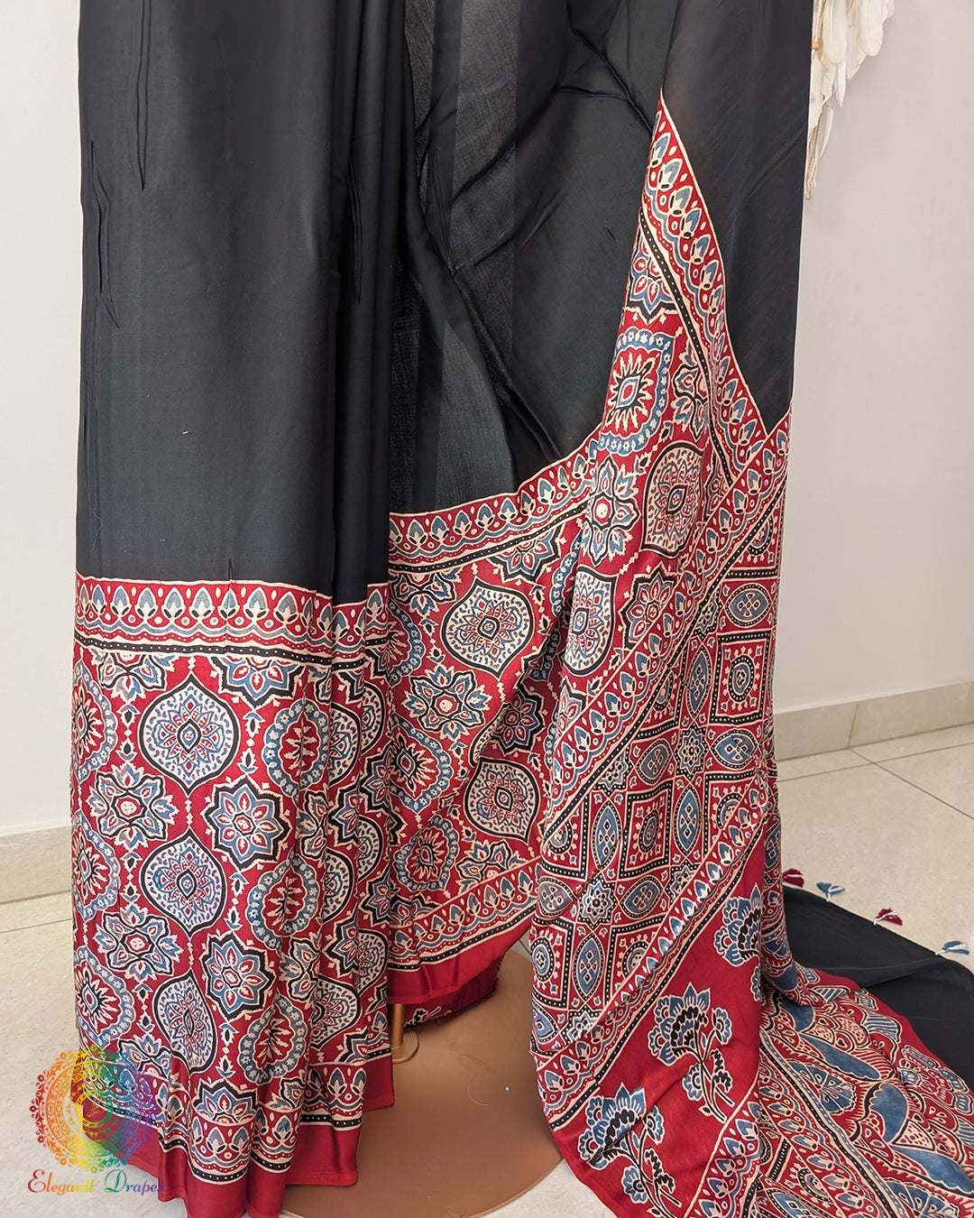 Black Red Modal Silk Ajrakh Saree 2 – Ajrakh Saree Online India | Elegantt Drapes