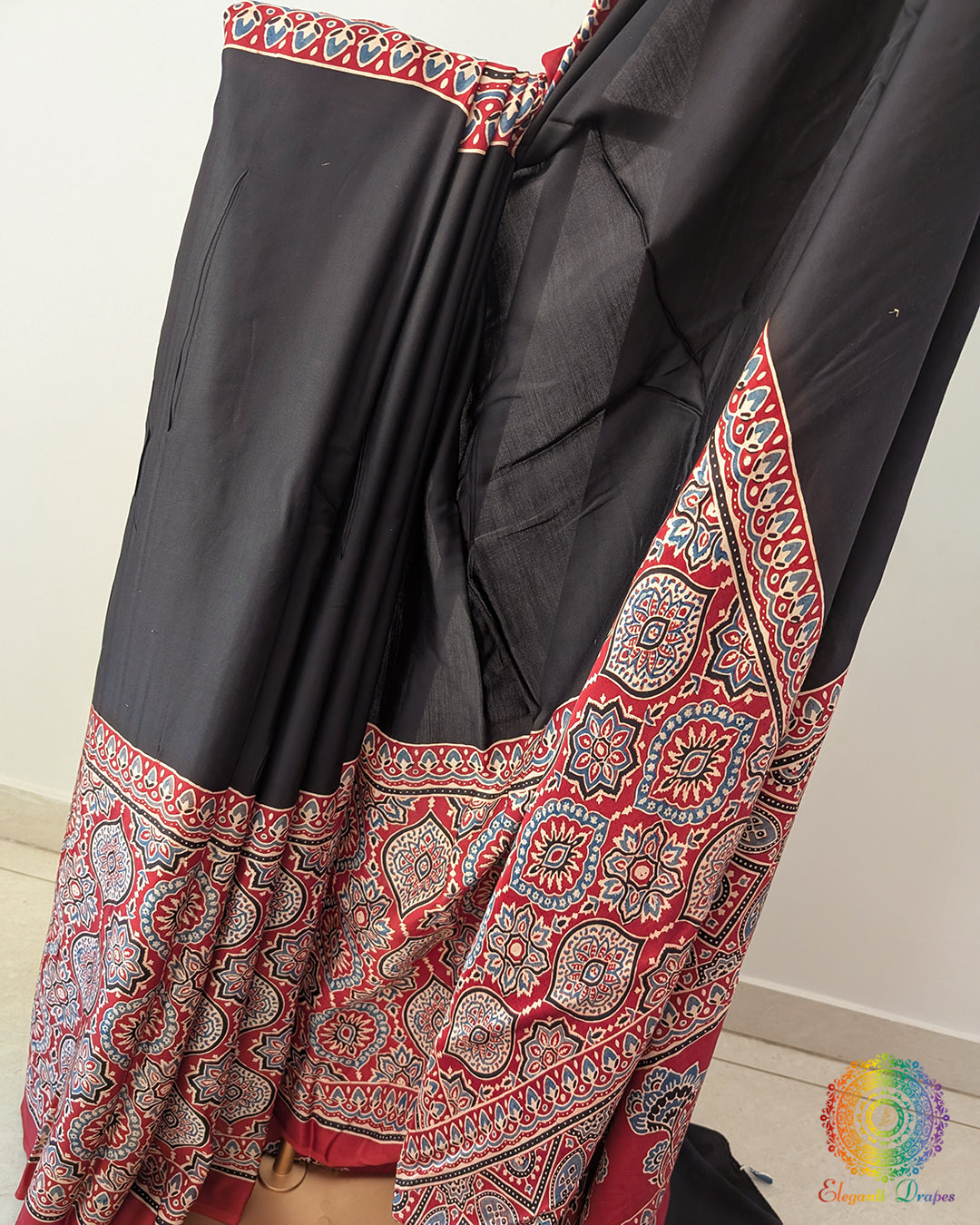 Black Red Modal Silk Ajrakh Saree 2 – Ajrakh Saree Online India | Elegantt Drapes