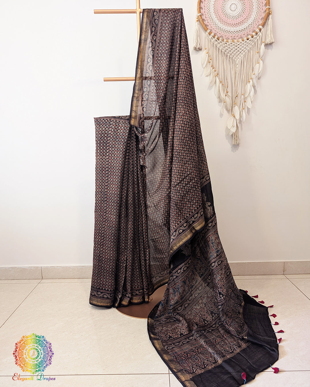 Black Chanderi Ajrakh Saree – Ajrakh Saree Online India | Elegantt Drapes