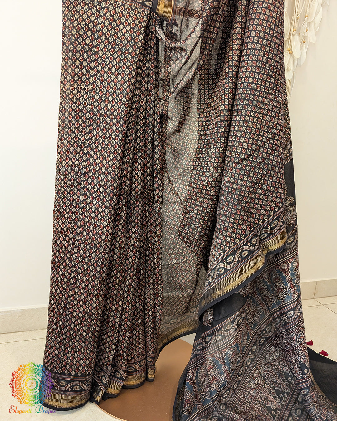 Black Chanderi Ajrakh Saree – Ajrakh Saree Online India | Elegantt Drapes