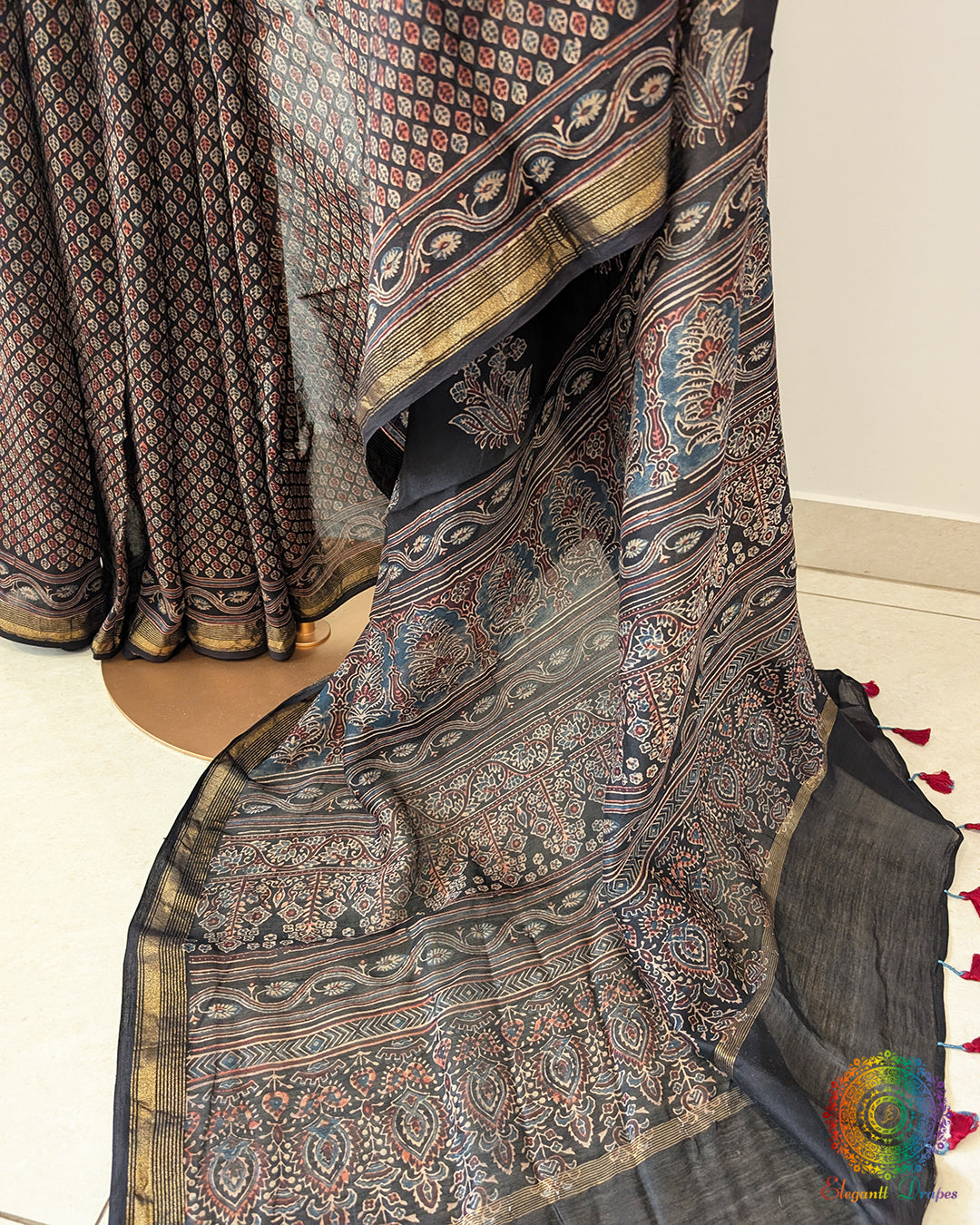Black Chanderi Ajrakh Saree – Ajrakh Saree Online India | Elegantt Drapes