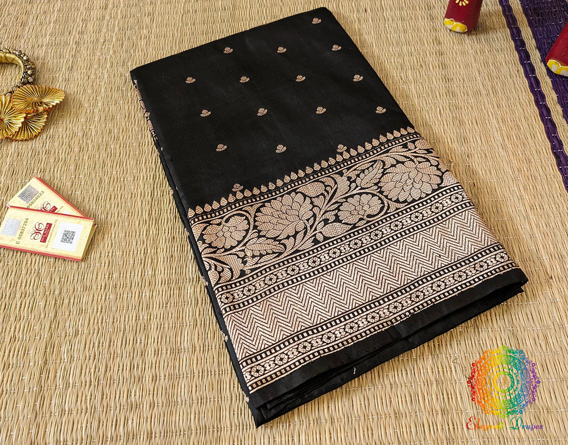 Black Pure Banarasi Handloom Katan Silk Saree – Handloom Saree Online India | Elegantt Drapes