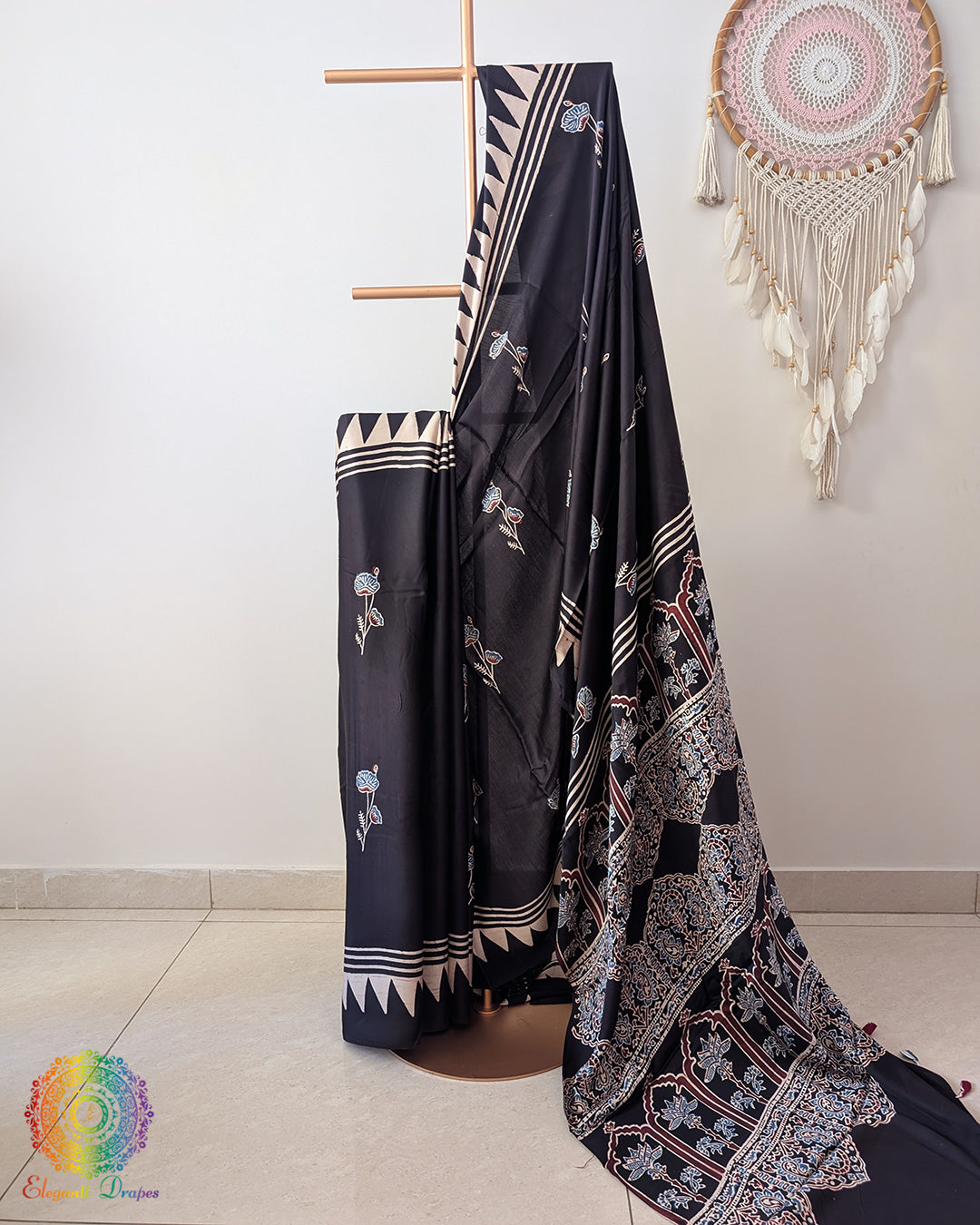 Black Modal Silk Ajrakh Saree – Ajrakh Saree Online India | Elegantt Drapes