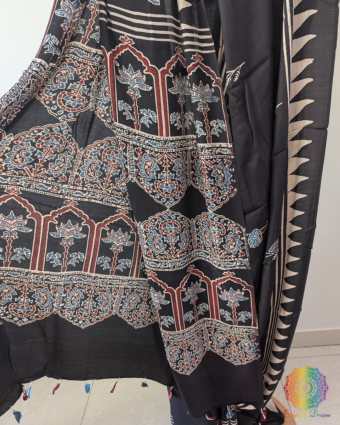 Black Modal Silk Ajrakh Saree – Ajrakh Saree Online India | Elegantt Drapes