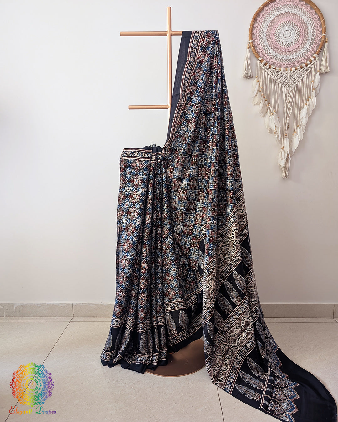 Black Modal Silk Ajrakh Saree 2 – Ajrakh Saree Online India | Elegantt Drapes