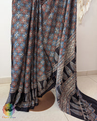 Black Modal Silk Ajrakh Saree 2 – Ajrakh Saree Online India | Elegantt Drapes