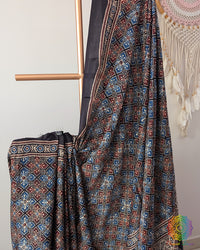 Black Modal Silk Ajrakh Saree 2 – Ajrakh Saree Online India | Elegantt Drapes