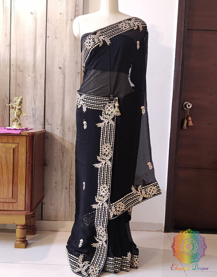Black Pure Organza Gota Patti Handwork Saree – Handloom Saree Online India | Elegantt Drapes