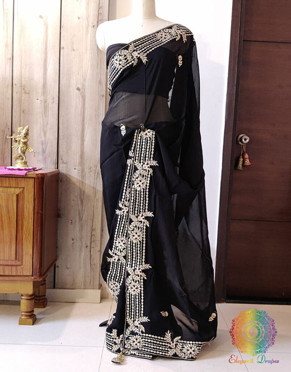 Black Pure Organza Gota Patti Handwork Saree – Handloom Saree Online India | Elegantt Drapes