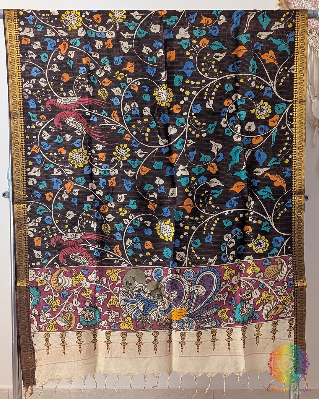 Black Kalamkari Pure Bangalore Silk Dupatta – Handloom Saree Online India | Elegantt Drapes