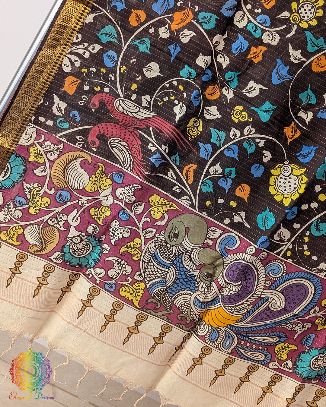 Black Kalamkari Pure Bangalore Silk Dupatta – Handloom Saree Online India | Elegantt Drapes