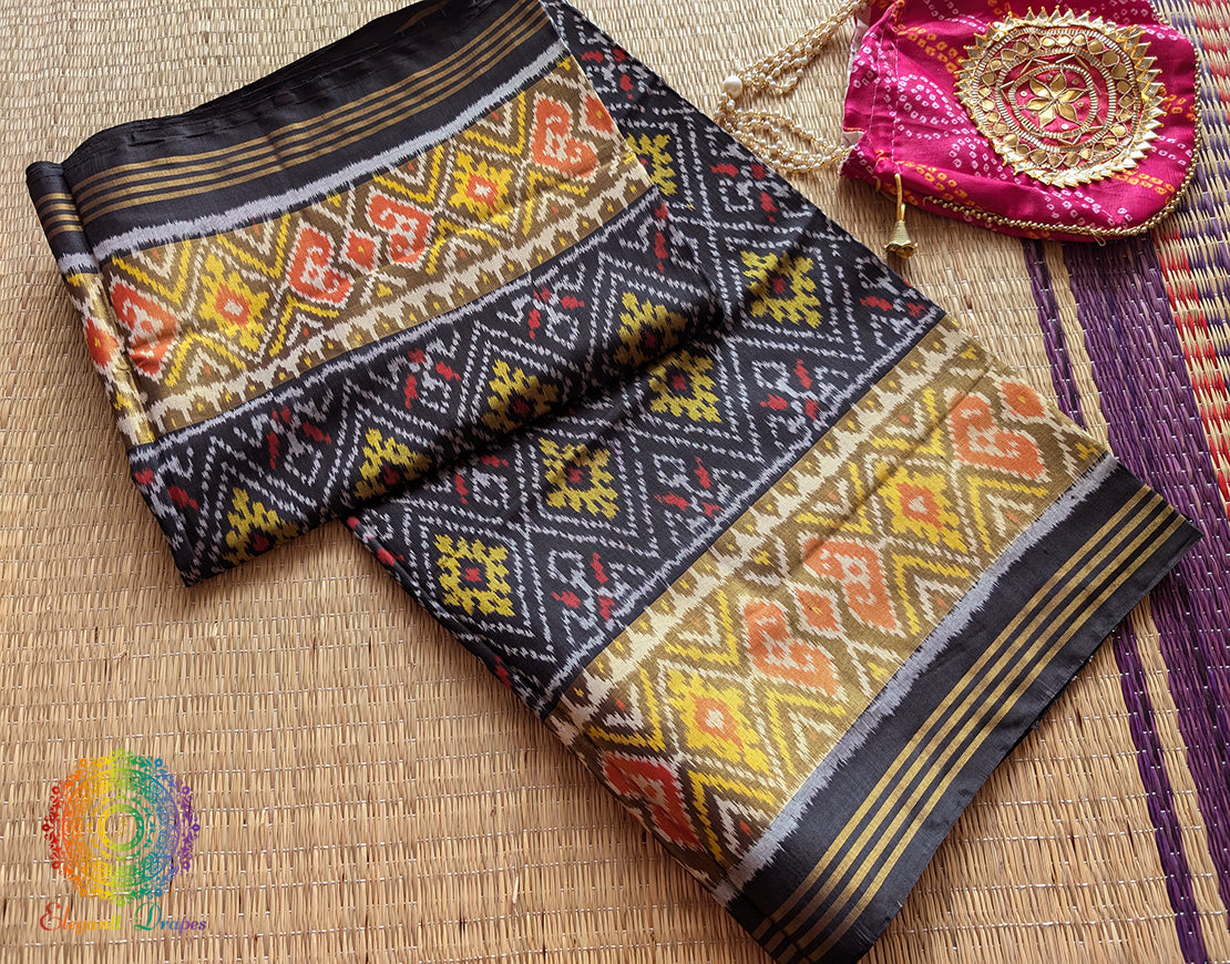 Black Pure Mulberry Silk Rajkot Patola Saree – Handloom Saree Online India | Elegantt Drapes