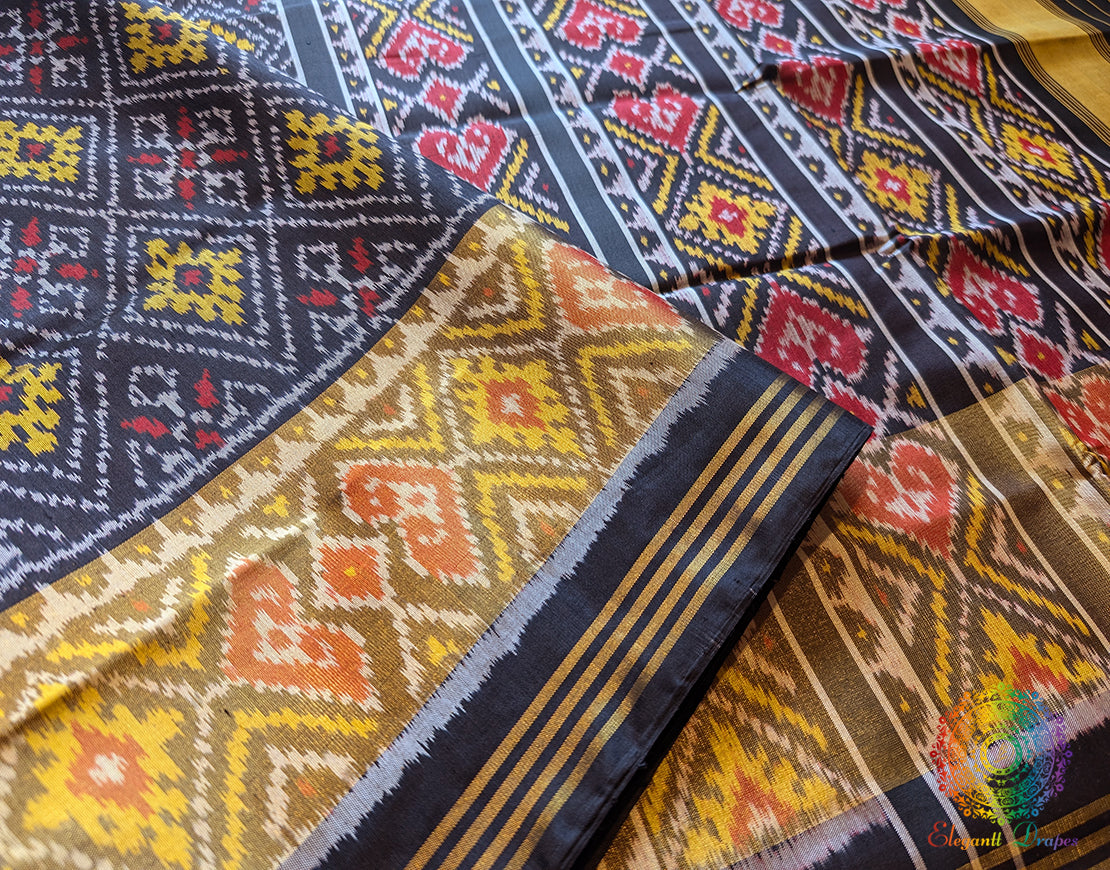 Black Pure Mulberry Silk Rajkot Patola Saree – Handloom Saree Online India | Elegantt Drapes