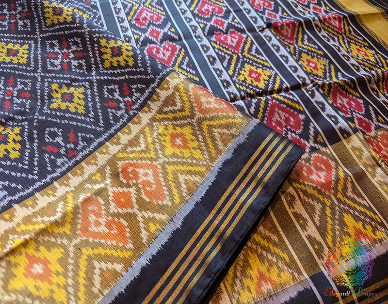 Black Pure Mulberry Silk Rajkot Patola Saree – Handloom Saree Online India | Elegantt Drapes