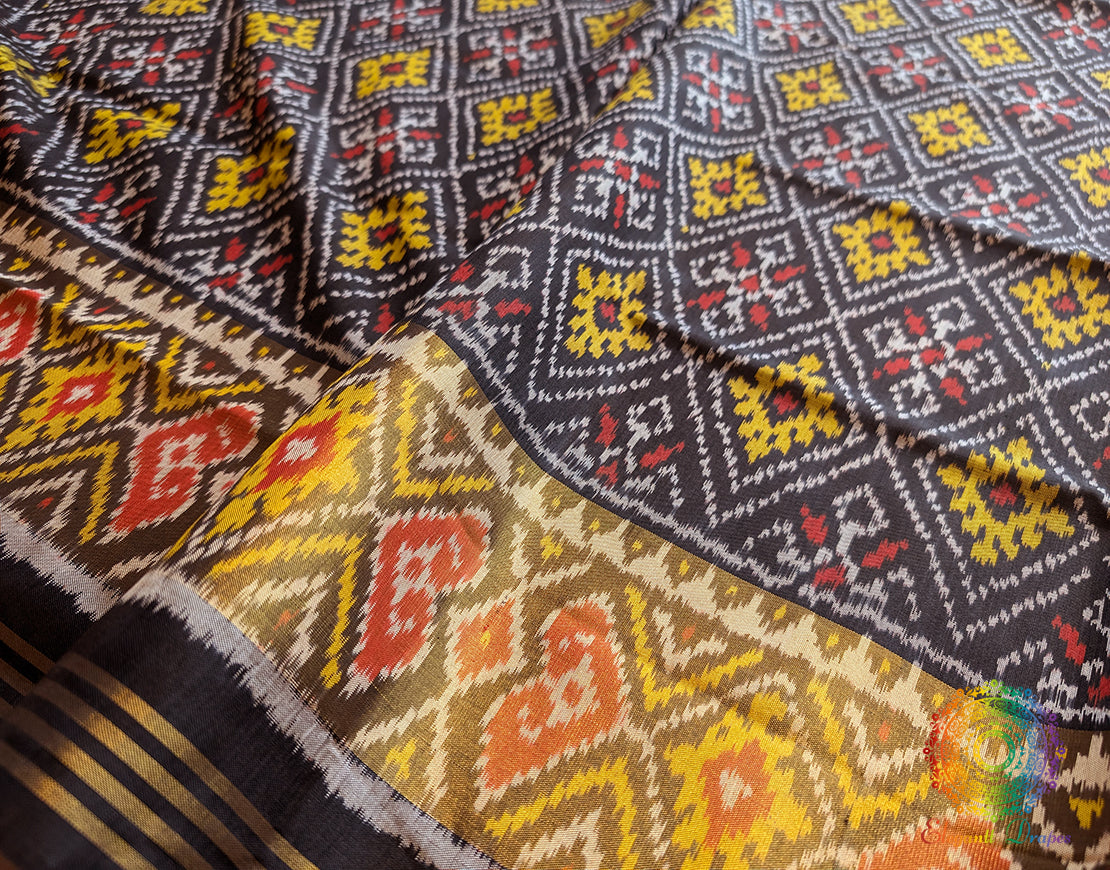 Black Pure Mulberry Silk Rajkot Patola Saree – Handloom Saree Online India | Elegantt Drapes